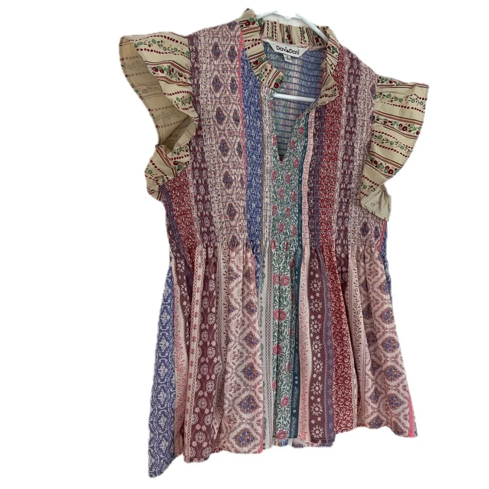 Davi & Dani Boho Patchwork Smocked Babydoll Flutter Sleeve Top Size S - Picture 4 of 9